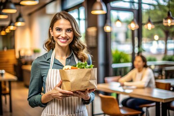 Fototapeta premium A woman is smiling and holding a brown paper bag with vegetables in it