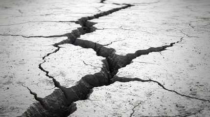 Grayscale Close Up of a Large Crack in Asphalt Showing Extensive Damage
