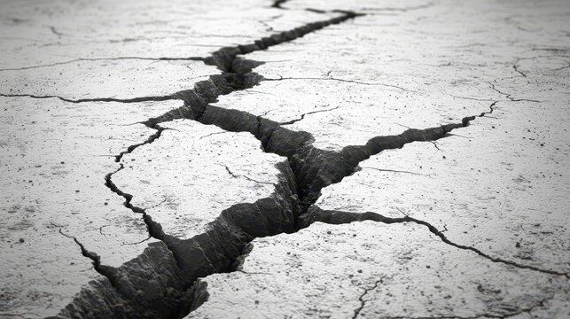 Fototapeta Grayscale Close Up of a Large Crack in Asphalt Showing Extensive Damage