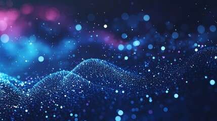 A vibrant, abstract digital wave with blue and purple hues, featuring a mix of dots and lines, set against a dark background.