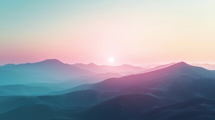 Fototapeta premium A serene mountain landscape with a pink and blue gradient sky, a sun setting behind the mountains, and a clear horizon.