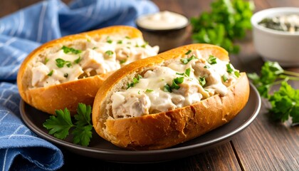 Two chicken sandwiches on buns, topped with creamy sauce and melted cheese. Fresh parsley is scattered on top. A dollop of creamy sauce is beside the sandwiches
