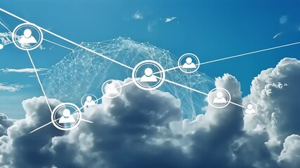 Abstract representation of cloud computing with human icons and network connections above clouds - Powered by Adobe