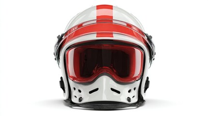 A close-up of a white helmet with a red visor and stripe, likely for extreme sports or aviation