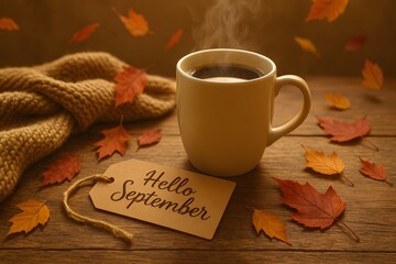 Coffee Mug with Falling Autumn Leaves and Welcome September Sign