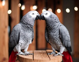 Obraz premium Two grey parrots face each other on a wooden table