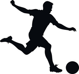 Soccer silhouette icon vector in motion with ball, ideal for youth league flyers, sportswear branding, and football events.