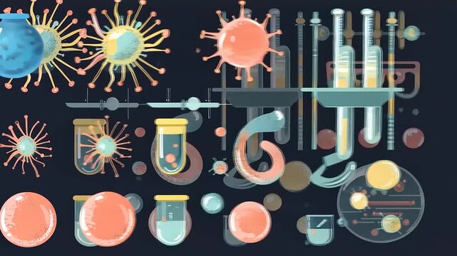 Colorful scientific illustrations of bacteria and laboratory equipment on a dark background