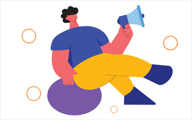 A person with light skin and dark hair holds a megaphone digital marketing flat style vector illustration