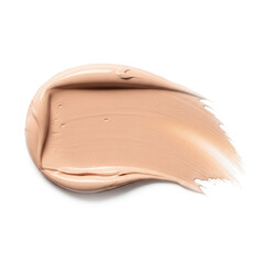 Fototapeta premium A smooth, curved swipe of beige foundation makeup with visible texture marks from application, isolated on a clean white background. 