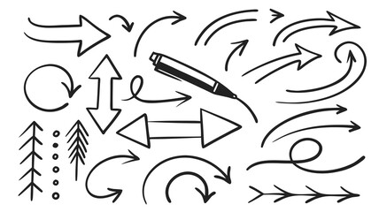 Vector  collection of hand drawn arrows and a pen in black and white doodle style vector illustration art