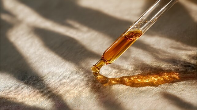 Wellness concept close-up of essential oil dropper in a calm natural light aromatherapy setup