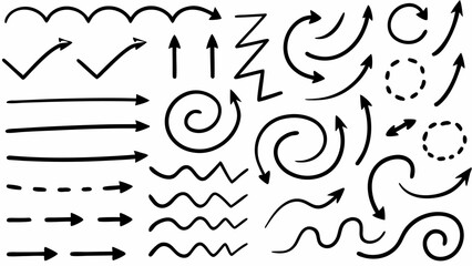 Vector  illustration of various hand drawn arrow designs including straight curved and circular arrows on white background