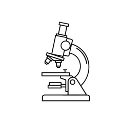 A black and white line drawing of a microscope, viewed from the side, against a white background.