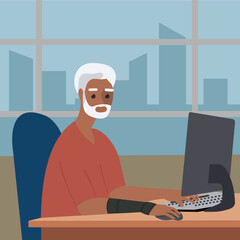 Man suffering from repetitive strain injury (RSI) in the workplace, wearing wrist support brace