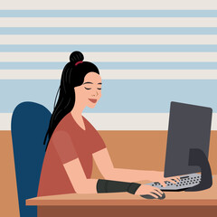 Woman suffering from repetitive strain injury working on laptop wearing wrist support brace 