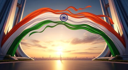 Majestic Indian Flag Draped Over Modern Cityscape at Sunset, Patriotic Symbolism.