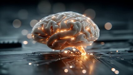 3D brain hovering above circuit board, glowing neural activity - Powered by Adobe