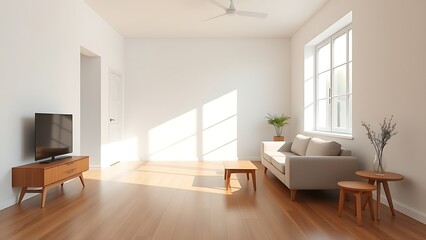 Fototapeta premium Minimalist living room with clean white walls and warm wood flooring, featuring mid-century modern furniture and soft natural light.