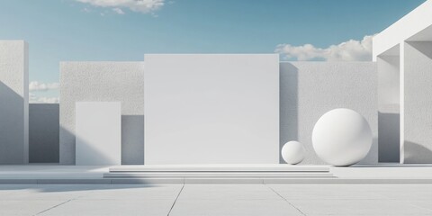 An intricate modern architectural installation, featuring geometric shapes and monochrome color scheme.