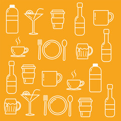 Seamless Pattern of Drinkware and Tableware on Orange Background