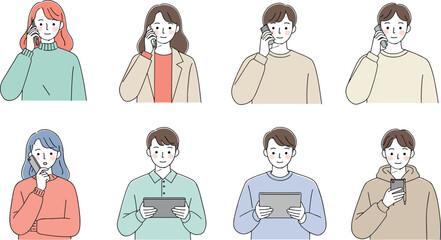 People using digital devices and smartphones, diverse characters with tablets and phones, communication and technology, cartoon illustration, modern lifestyle, vector on white background