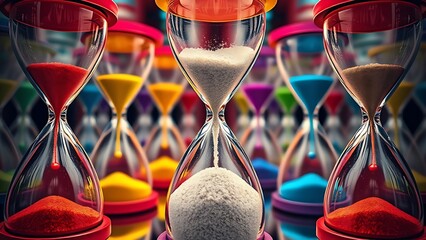 Colorful overlapping hourglasses with upward-flowing sand, depicting the unique perception of time in ADHD.