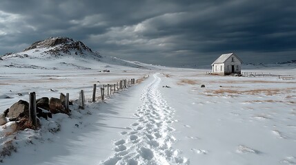 Footsteps in pristine white snow leading directly to an old weathered gravestone beneath a cold cloudy sky