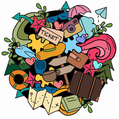 Colorful Doodle Travel-Themed Collage with Maps, Luggage, and Nature Iconography