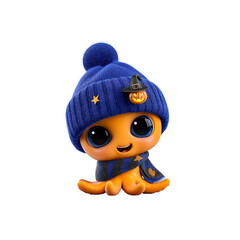 Adorable 3D Render of a Cute Orange Octopus Wearing a Blue Knit Hat and Scarf for Halloween