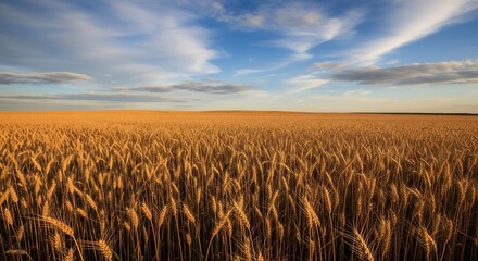 Golden Wheat Field under a Blue Sky with Wispy Clouds at Dusk or Dawn