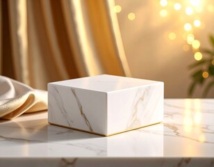 A white marble cube pedestal sits on a matching marble surface, with gold fabric and bokeh lights in the background, creating a luxurious scene.