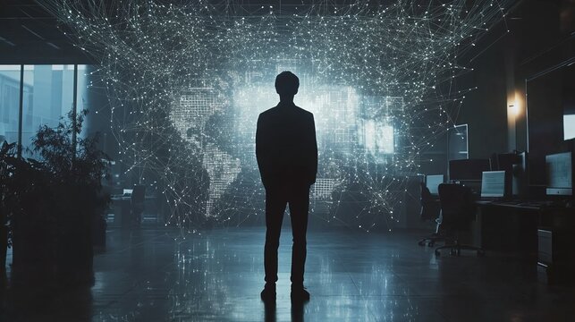 Person standing in a modern office space, contemplating a global network.