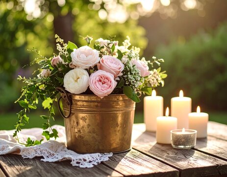 A beautiful floral arrangement of pink roses in a rustic bucket with glowing candles on a wooden table, creating a serene and romantic atmosphere in a summer garden