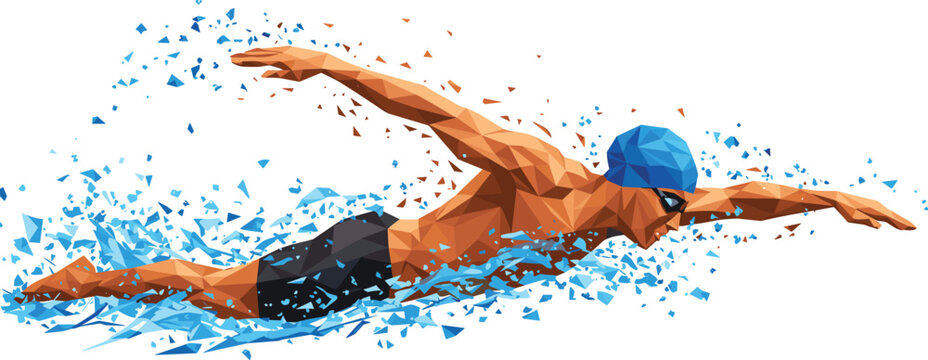 Polygonal swimmer illustration, dynamic freestyle swimming splash effect, abstract sports vector, low poly athlete in motion, blue cap water athlete, swim competition artwork - Powered by Adobe