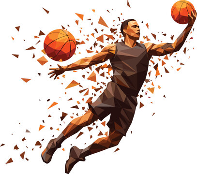 Polygonal basketball player slam dunk action, low poly abstract sports figure, geometric shards explosion, dynamic motion silhouette, vector athlete isolated on white background