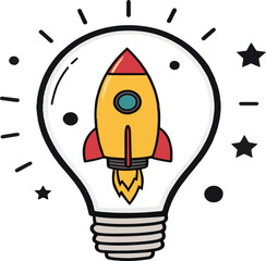 Yellow rocket ship launching inside a light bulb with stars and lines lightbulb idea