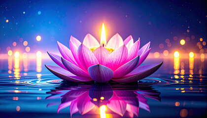 Single Lotus Candle with Reflections. Diwali Festival Concept. Generated Image