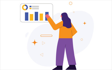 Woman reviewing data on tablet and large screen flat style vector illustration