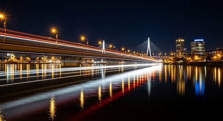 Obraz premium Illuminated cityscape at night, featuring a bridge and water reflections view