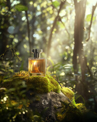 Luxury Perfume Bottle on Mossy Rock in Sunlit Forest; Serene, Natural, and Elegant Fragrance Advertisement.