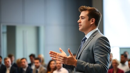 Professional presenter in a grey suit gesturing confidently in a modern conference room setting.