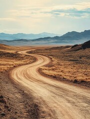 Long empty dirt road through the desert.