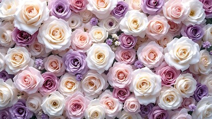 Close-up of densely packed white and purple roses, offering a soft, elegant texture for greeting cards, romantic themes, wedding decor, wedding invitations, spring, or beauty branding
