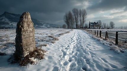 Gravestone stands alone in snow covered field with fresh footprints tracing the path under overcast light