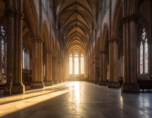 Obraz premium Sunlight streams through stained glass windows in a grand cathedral nave