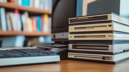 Vintage computer setup floppy disk stack, monitor, keyboard on wood desk