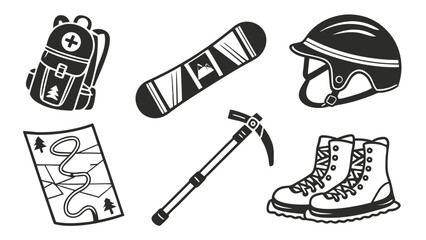 Outdoor adventure and winter sports equipment. Backpack, snowboard, helmet, map, ice axe, hiking boots set.
