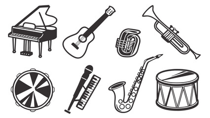 Musical instruments set. Black and white vector icons of music equipment for band, orchestra, sound, and performance.