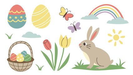 Cute Easter bunny, colorful eggs in basket, spring tulips, rainbow, and butterflies. Happy holiday celebration vector set.